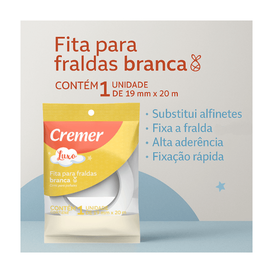 Fita Adesiva para Fralda Cremer Luxo Branca 19mm x 20m 1 Unidade