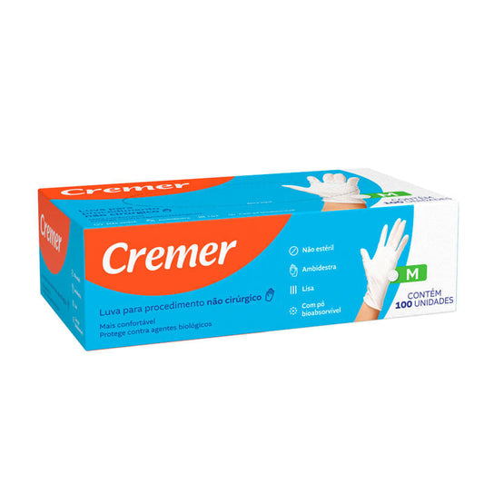 Luva para Procedimento Não Cirúrgico Cremer Cor Branca Tamanho M c/ 100 Unidades