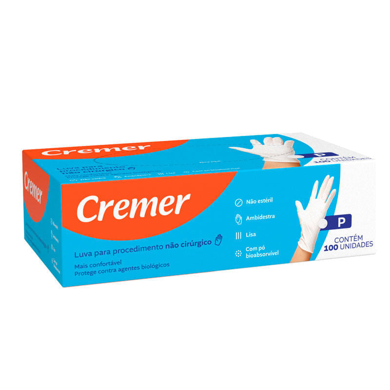 Luva para Procedimento Não Cirúrgico Cremer Cor Branca Tamanho P c/ 100 Unidades